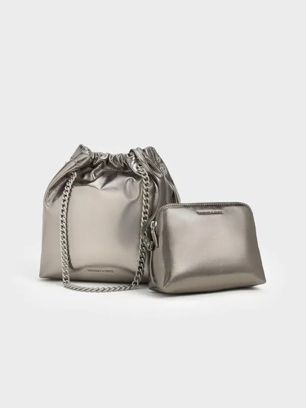 Women Caia Metallic ChainHandle Tote Bag 8211 Pewter CHARLES and KEITH Slouchy Bags