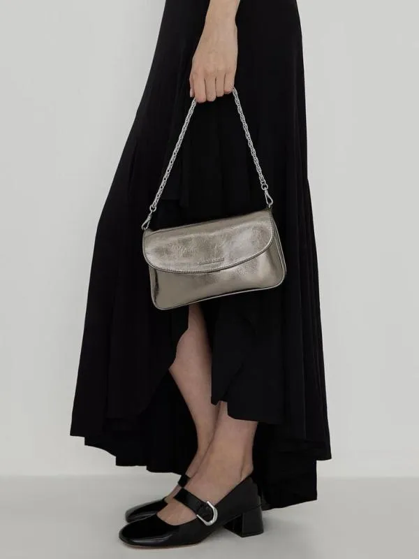 Women Caia Metallic Front Flap Shoulder Bag 8211 Pewter CHARLES and KEITH Shoulder Bags