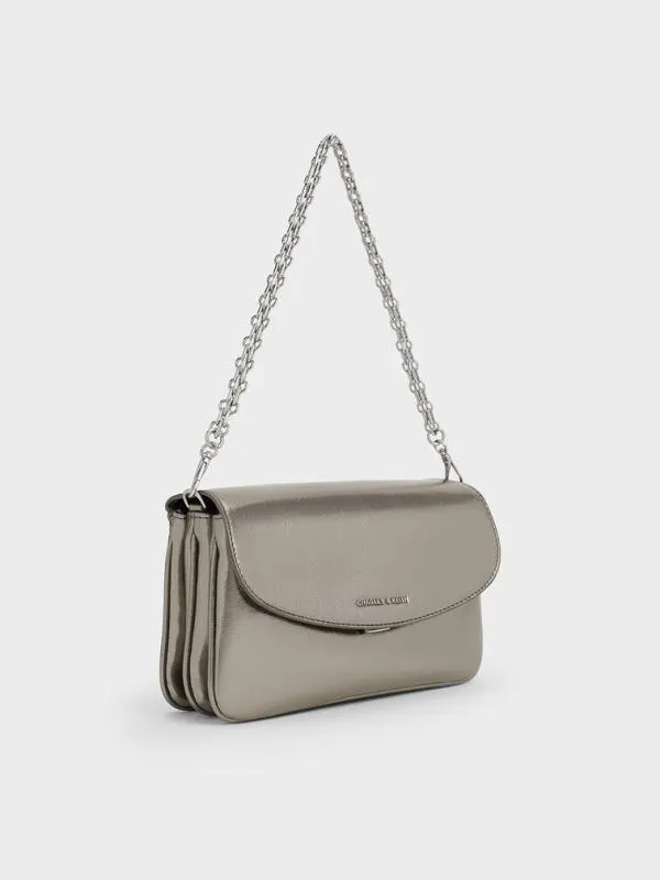 Women Caia Metallic Front Flap Shoulder Bag 8211 Pewter CHARLES and KEITH Shoulder Bags