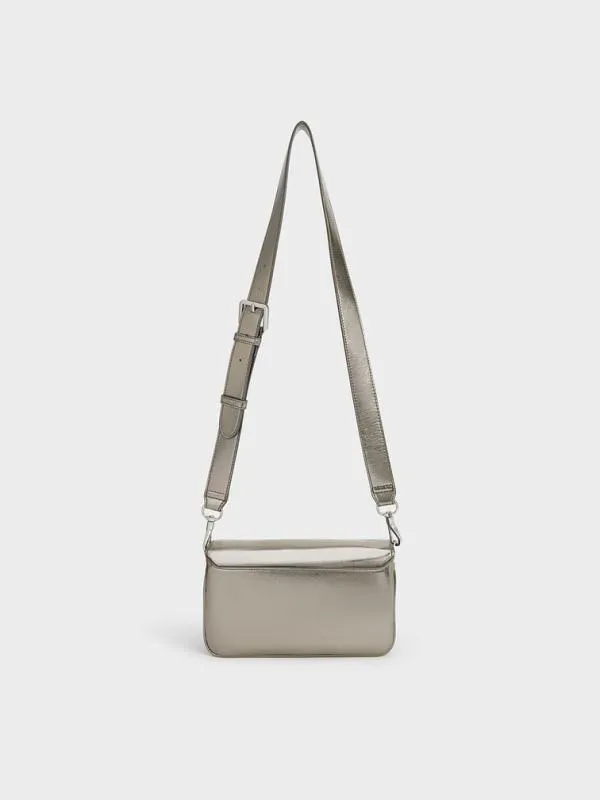 Women Caia Metallic Front Flap Shoulder Bag 8211 Pewter CHARLES and KEITH Shoulder Bags