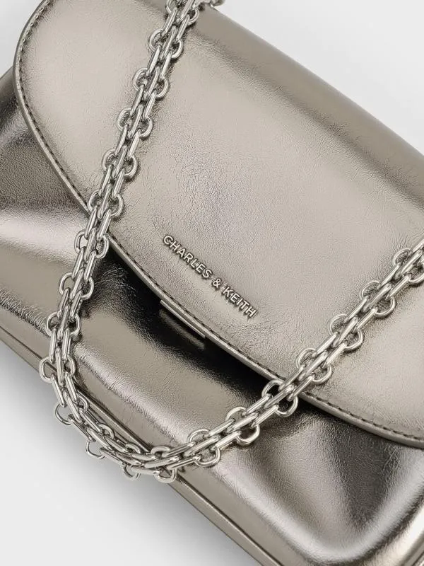 Women Caia Metallic Front Flap Shoulder Bag 8211 Pewter CHARLES and KEITH Shoulder Bags