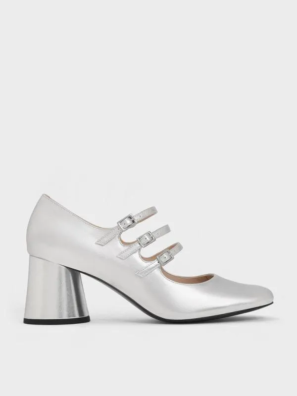 Women Claudie Metallic Buckled Mary Janes 8211 Silver CHARLES and KEITH Heels