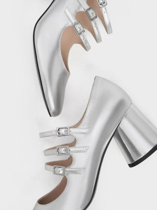 Women Claudie Metallic Buckled Mary Janes 8211 Silver CHARLES and KEITH Heels