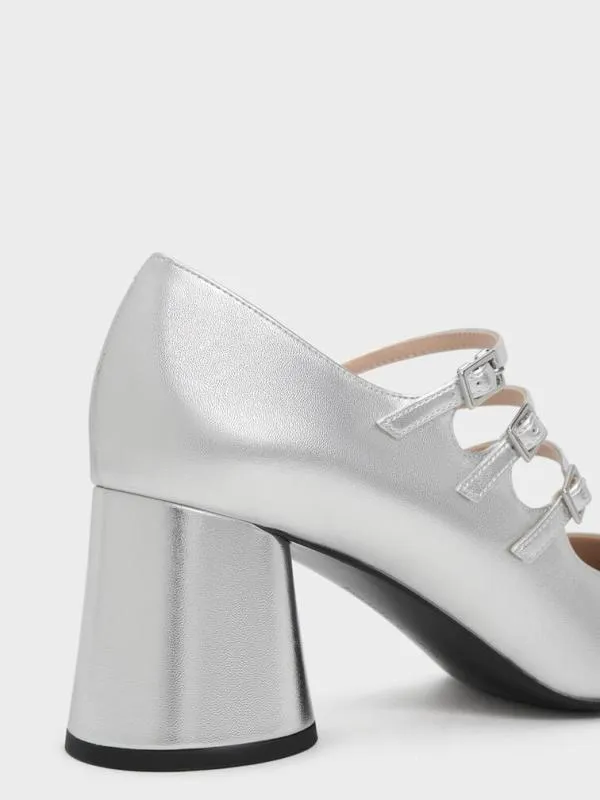 Women Claudie Metallic Buckled Mary Janes 8211 Silver CHARLES and KEITH Heels