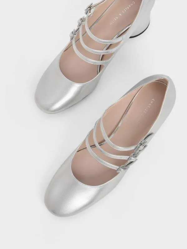 Women Claudie Metallic Buckled Mary Janes 8211 Silver CHARLES and KEITH Heels