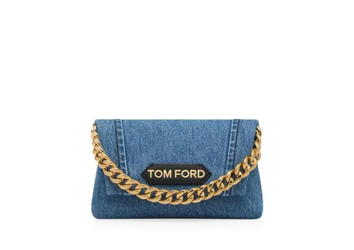 Women Clutches Tom Ford Denim Label Mini Chain Bag Washed Blue Black