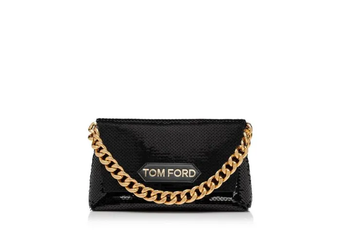 Women Clutches Tom Ford Sequin Embroidery Label Mini Chain Bag Black