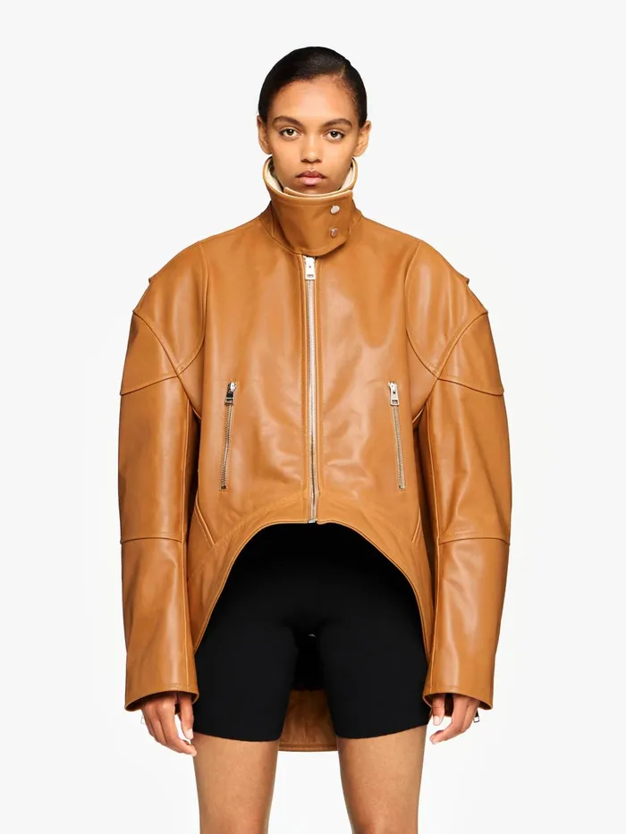 Women Coats and Jackets JW Anderson CURVED LEATHER HEM HIGH NECK JACKET Tan Women Coats and Jackets JW Anderson CURVED LEATHER HEM HIGH NECK JACKET Tan