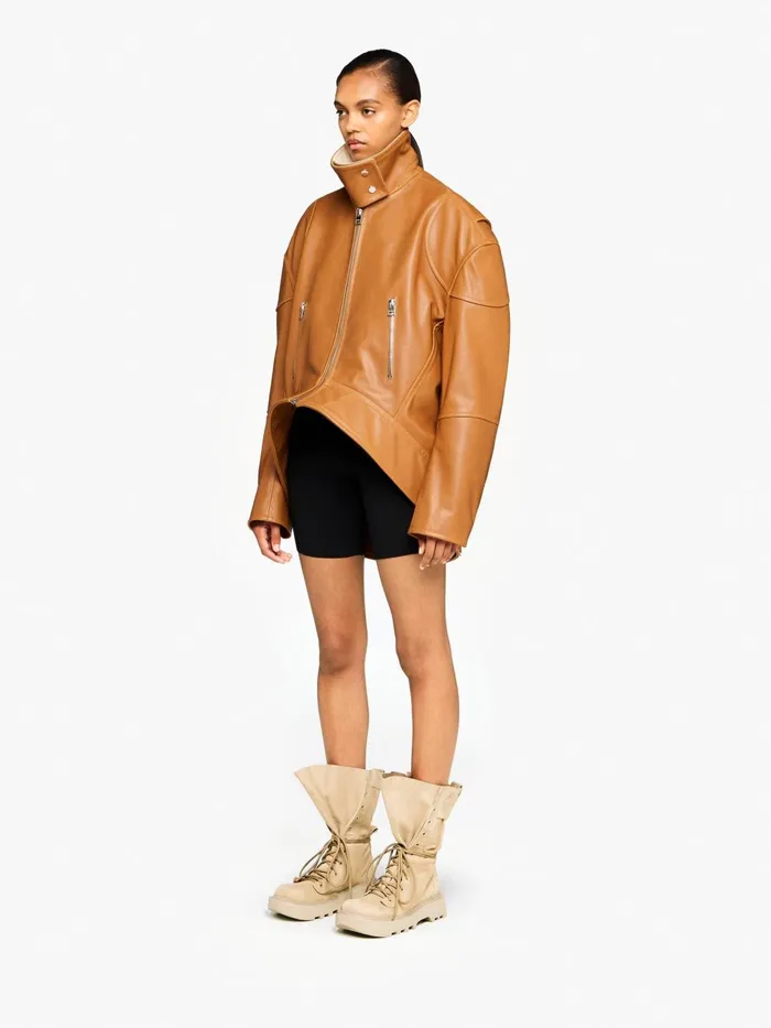 Women Coats and Jackets JW Anderson CURVED LEATHER HEM HIGH NECK JACKET Tan Women Coats and Jackets JW Anderson CURVED LEATHER HEM HIGH NECK JACKET Tan