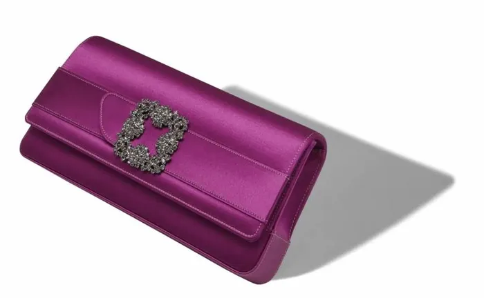 Women Dark Fuchsia Satin Jewel Buckle Clutch Manolo Blahnik Bags