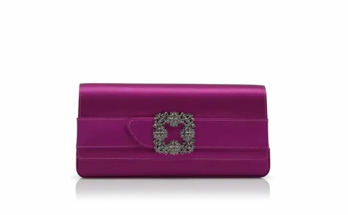 Women Dark Fuchsia Satin Jewel Buckle Clutch Manolo Blahnik Bags
