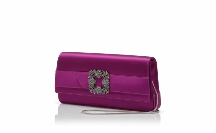 Women Dark Fuchsia Satin Jewel Buckle Clutch Manolo Blahnik Bags
