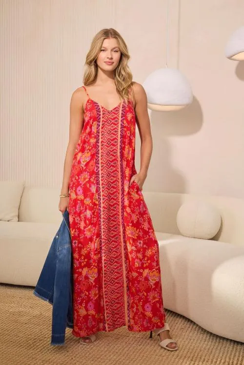 Women Dresses Liverpool Los Angeles Spaghetti Strap Woven Maxi Dress Red Orange Floral