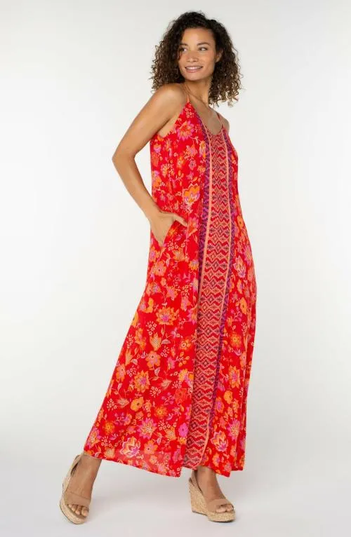 Women Dresses Liverpool Los Angeles Spaghetti Strap Woven Maxi Dress Red Orange Floral