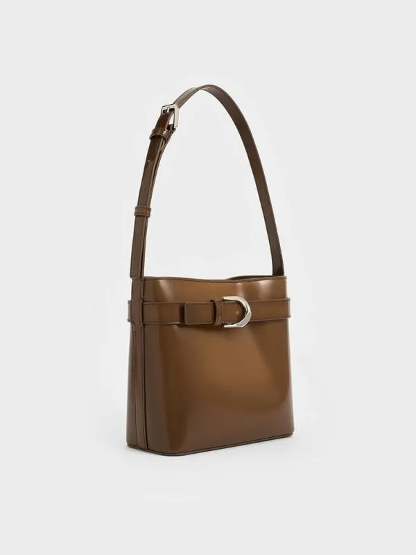 Women Gabine Leather Belted Bucket Bag 8211 Brown CHARLES and KEITH Bucket Bags
