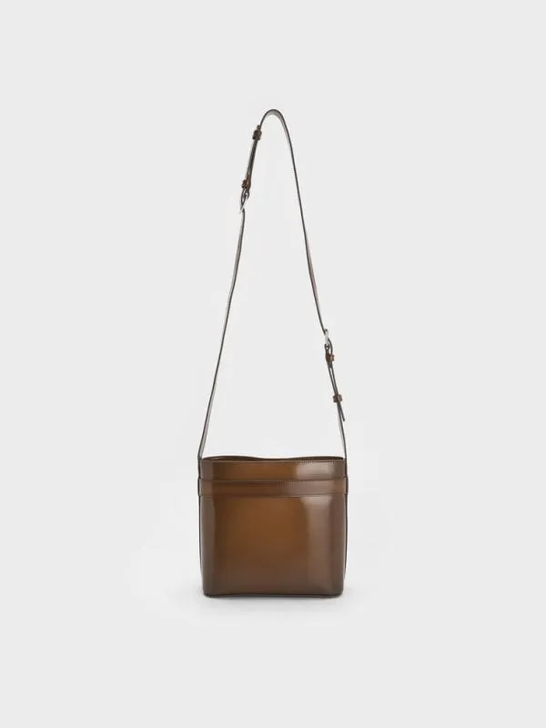 Women Gabine Leather Belted Bucket Bag 8211 Brown CHARLES and KEITH Bucket Bags