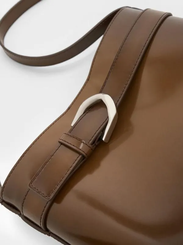 Women Gabine Leather Belted Bucket Bag 8211 Brown CHARLES and KEITH Bucket Bags
