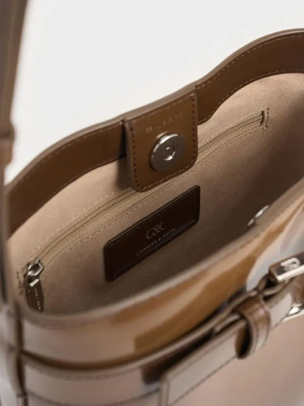 Women Gabine Leather Belted Bucket Bag 8211 Brown CHARLES and KEITH Bucket Bags