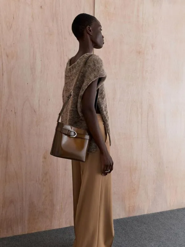 Women Gabine Leather Belted Bucket Bag 8211 Brown CHARLES and KEITH Bucket Bags