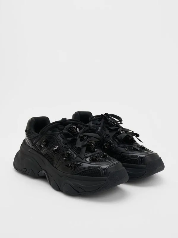 Women Gaskell FlowerEmbellished Chunky Sneakers 8211 Black CHARLES and KEITH Sneakers