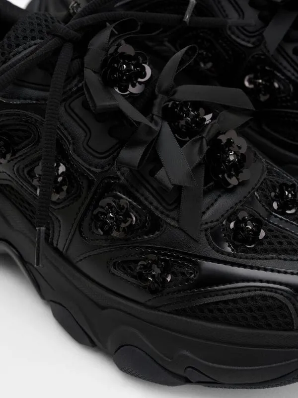 Women Gaskell FlowerEmbellished Chunky Sneakers 8211 Black CHARLES and KEITH Sneakers