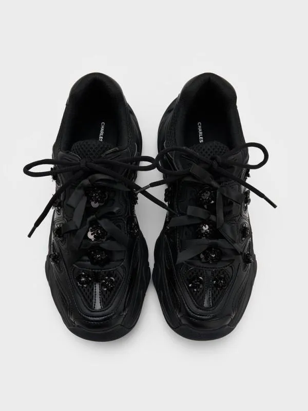 Women Gaskell FlowerEmbellished Chunky Sneakers 8211 Black CHARLES and KEITH Sneakers
