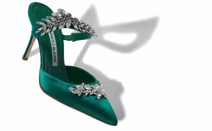 Women Green Satin Crystal Embellished Mules Manolo Blahnik Mules