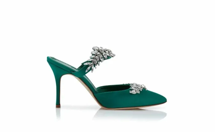 Women Green Satin Crystal Embellished Mules Manolo Blahnik Mules