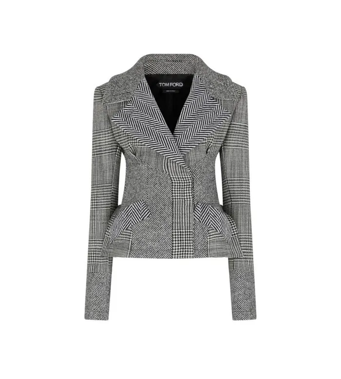 Women Jackets Tom Ford Wool Patchwork Wrap Peplum Jacket Black Chalk