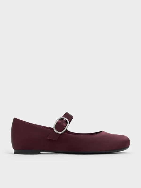 Women Jannie Satin CrystalBuckle Mary Janes 8211 Burgundy CHARLES and KEITH Flats