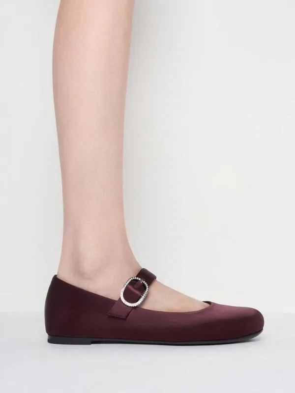Women Jannie Satin CrystalBuckle Mary Janes 8211 Burgundy CHARLES and KEITH Flats