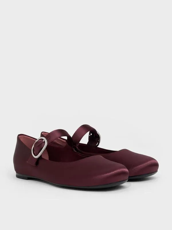 Women Jannie Satin CrystalBuckle Mary Janes 8211 Burgundy CHARLES and KEITH Flats