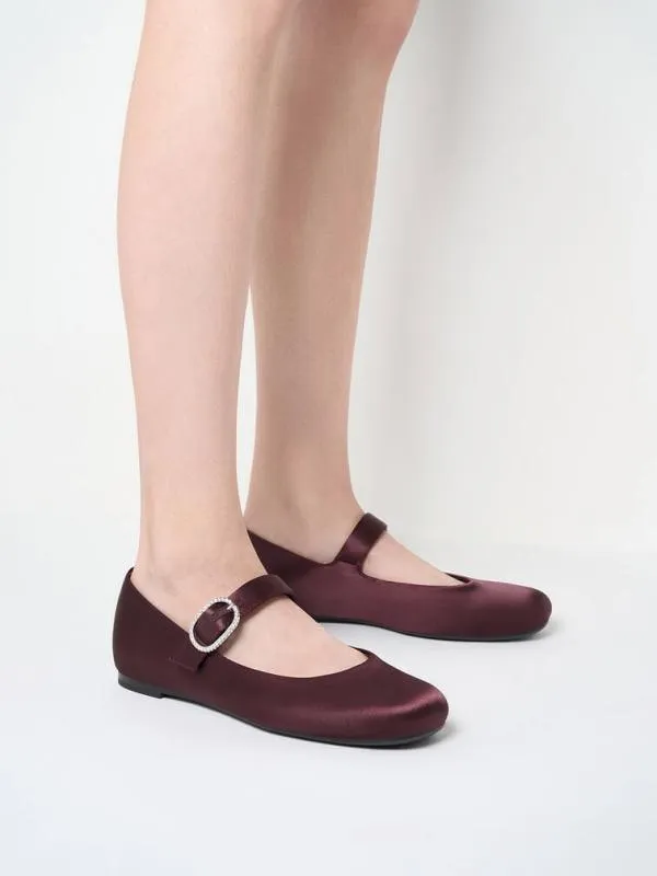 Women Jannie Satin CrystalBuckle Mary Janes 8211 Burgundy CHARLES and KEITH Flats