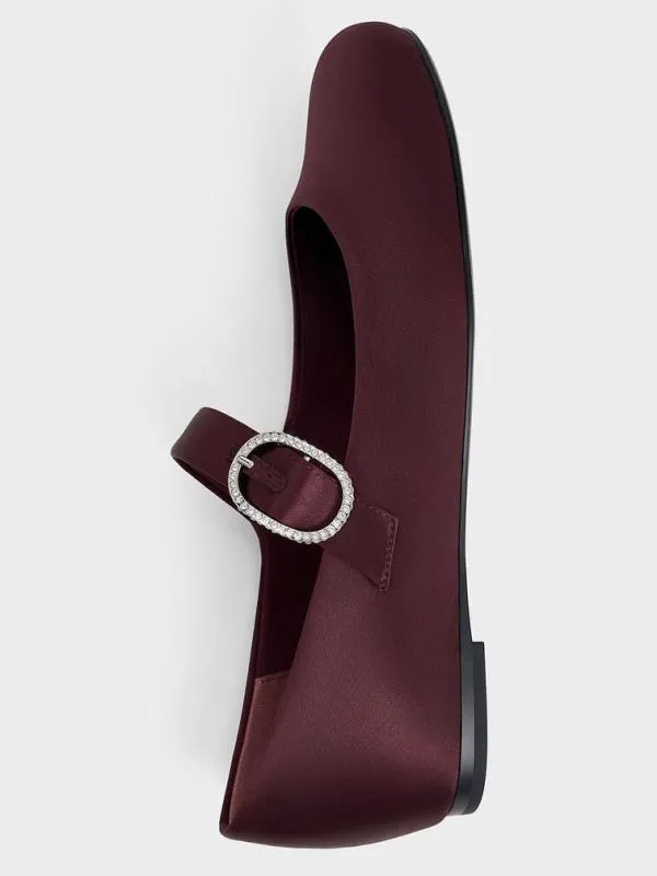 Women Jannie Satin CrystalBuckle Mary Janes 8211 Burgundy CHARLES and KEITH Flats