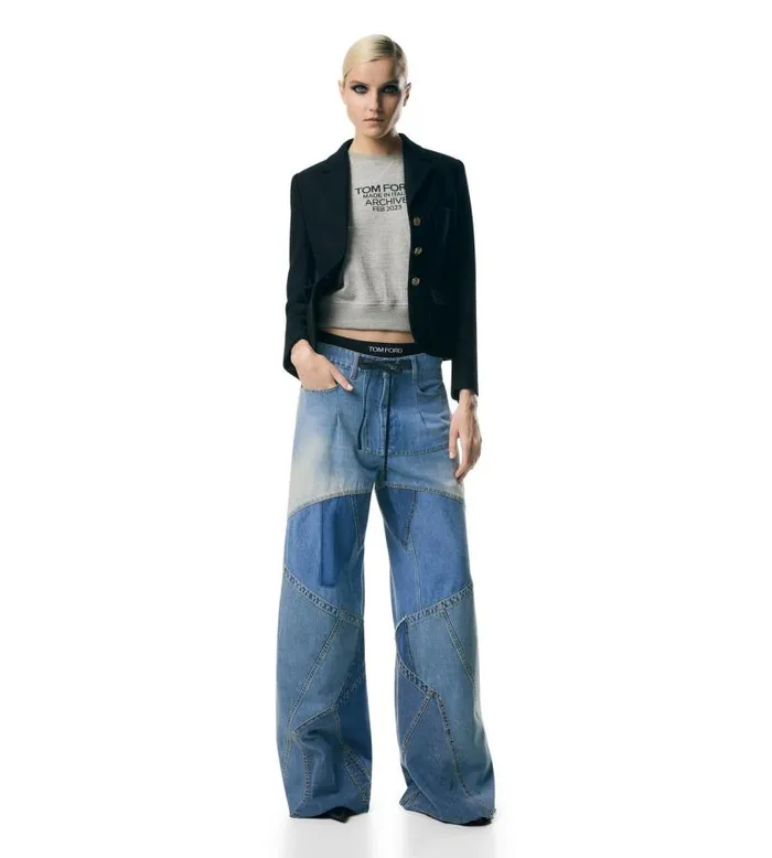 Women Jeans Tom Ford Vintage Patchwork Denim Wide Leg Pants Combo Blue Women Jeans Tom Ford Vintage Patchwork Denim Wide Leg Pants Combo Blue