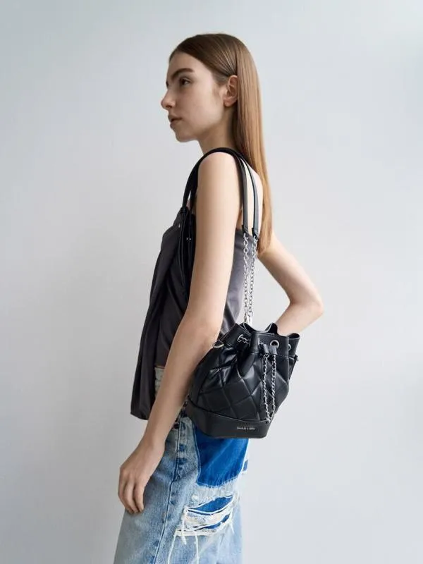 Women Julia Quilted TwoWay Bucket Bag 8211 Noir CHARLES and KEITH Bucket Bags