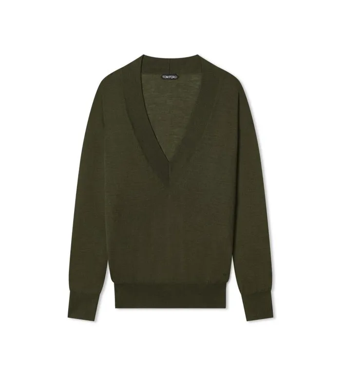 Women Knitwear Tom Ford Fine Cashmere Silk VNeck Sweater Military Green