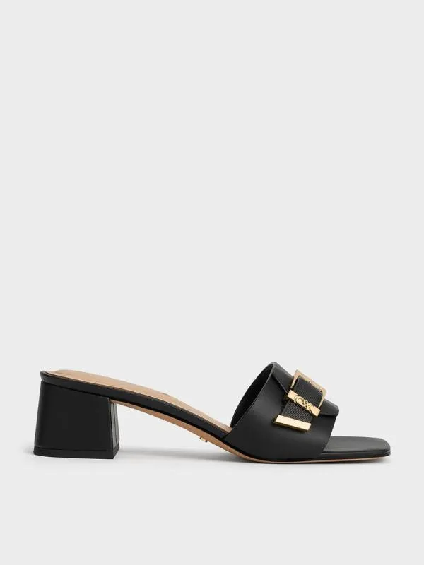 Women Leather Buckled BlockHeel Mules 8211 Black CHARLES and KEITH Heels
