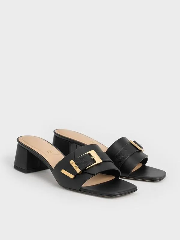 Women Leather Buckled BlockHeel Mules 8211 Black CHARLES and KEITH Heels
