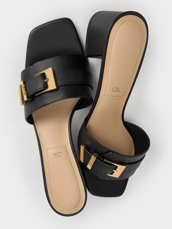 Women Leather Buckled BlockHeel Mules 8211 Black CHARLES and KEITH Heels