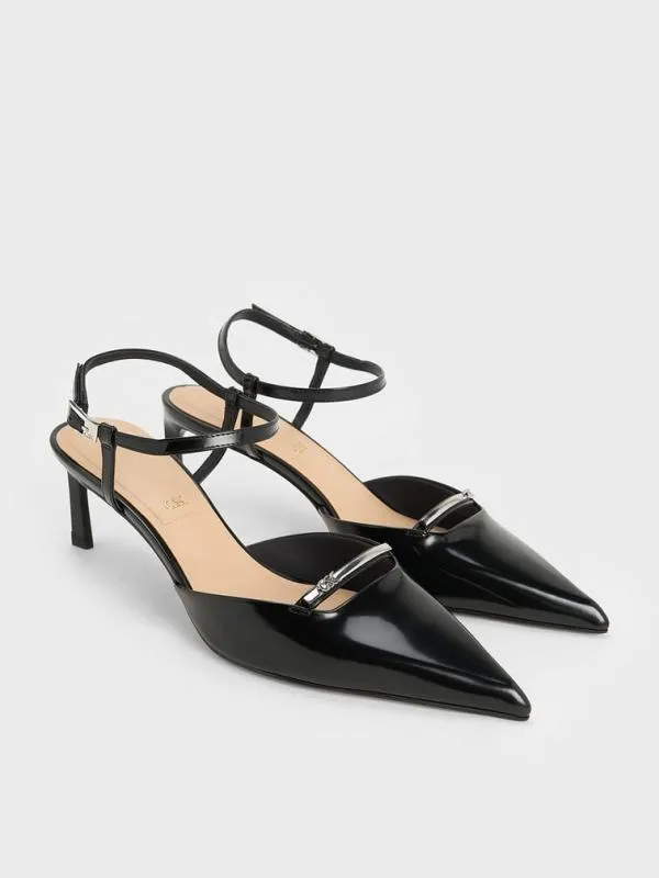 Women Leather KittenHeel AnkleStrap PointedToe Pumps 8211 Black Box CHARLES and KEITH Heels