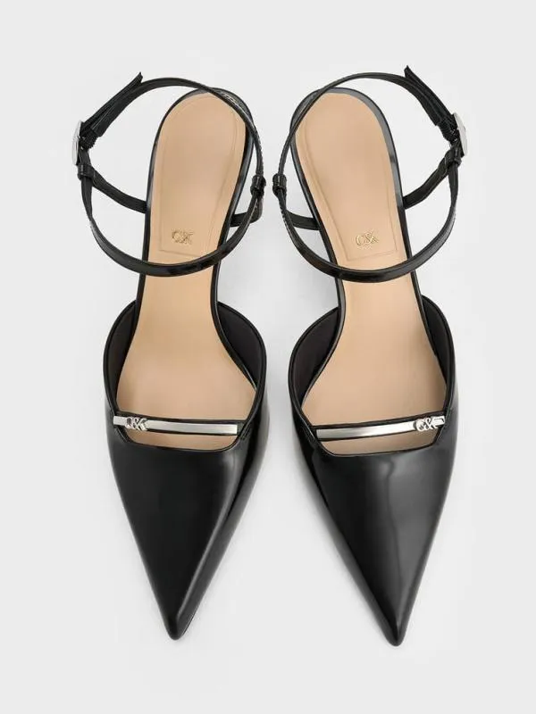 Women Leather KittenHeel AnkleStrap PointedToe Pumps 8211 Black Box CHARLES and KEITH Heels