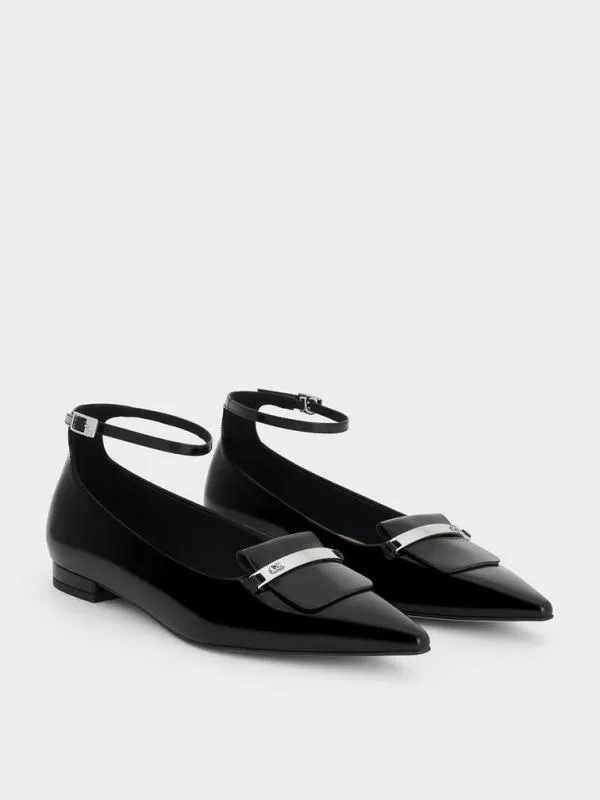 Women Leather MetallicAccent PointedToe AnkleStrap Flats 8211 Black Box CHARLES and KEITH Flats