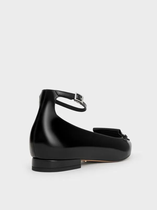 Women Leather MetallicAccent PointedToe AnkleStrap Flats 8211 Black Box CHARLES and KEITH Flats