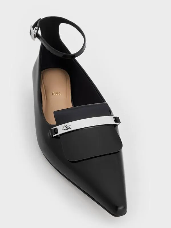 Women Leather MetallicAccent PointedToe AnkleStrap Flats 8211 Black Box CHARLES and KEITH Flats