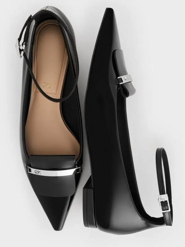 Women Leather MetallicAccent PointedToe AnkleStrap Flats 8211 Black Box CHARLES and KEITH Flats