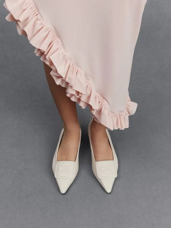 Women Leather PointedToe Flats 8211 White CHARLES and KEITH Ballet Flats