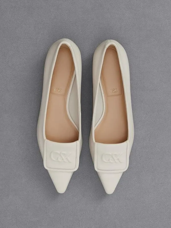 Women Leather PointedToe Flats 8211 White CHARLES and KEITH Ballet Flats