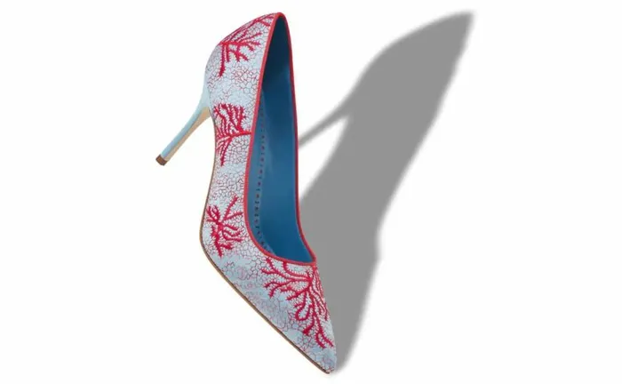 Women Light Blue And Red Satin Embroidered Pumps Manolo Blahnik Pumps