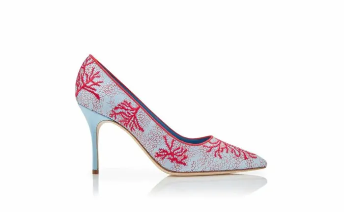 Women Light Blue And Red Satin Embroidered Pumps Manolo Blahnik Pumps